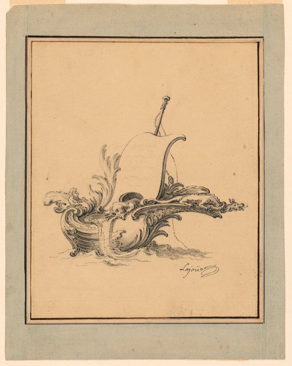 Rysunek, projekt rozety w formie łodzi z żaglem, dla Recueil Nouveau de Differens Cartouches, 1734 r. autorstwa Jacques de Lajoüe