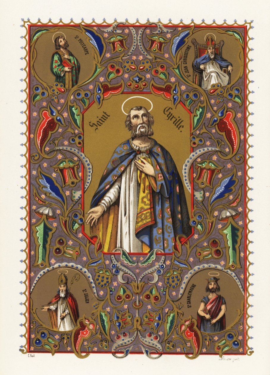 Portret Cyryla Aleksandryjskiego, patriarchy Aleksandrii, z aureolą i szatą, w ozdobnym obramowaniu liści autorstwa Jacquet Jacquet