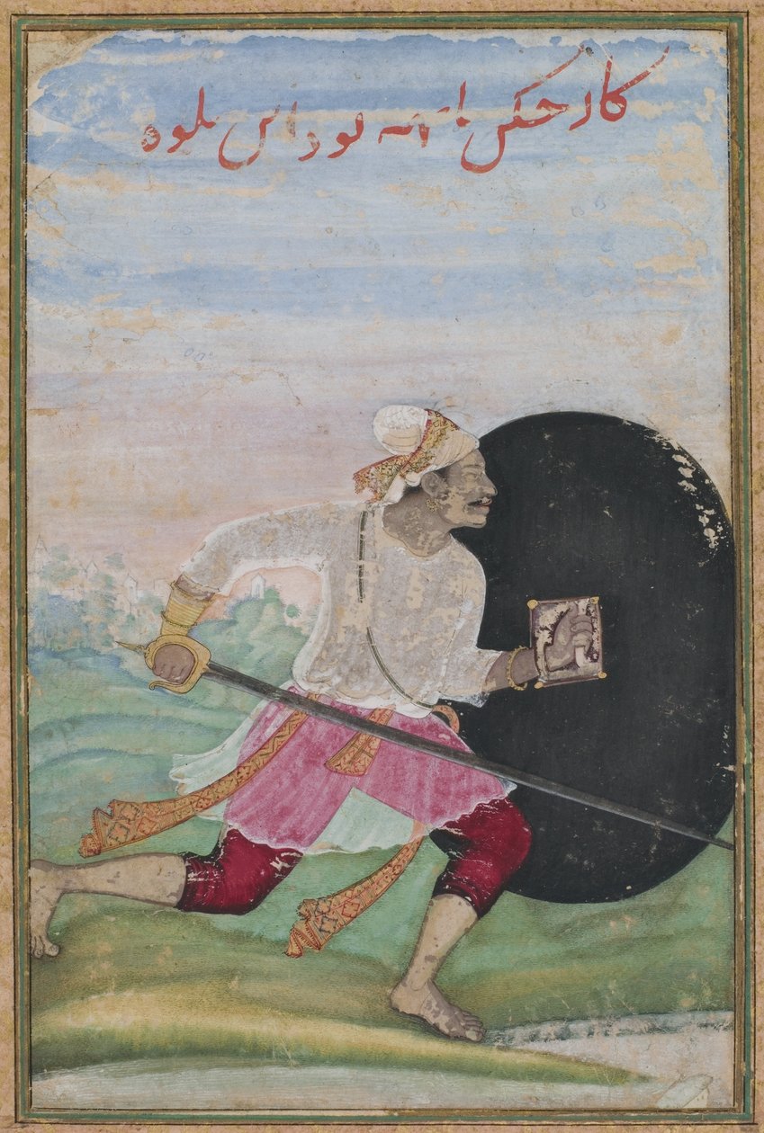 Biegnący szermierz, dynastia Mogołów, ok. 1600 (nieprzezroczysta toaleta, złoto i atrament na papierze) autorstwa Jaganatha