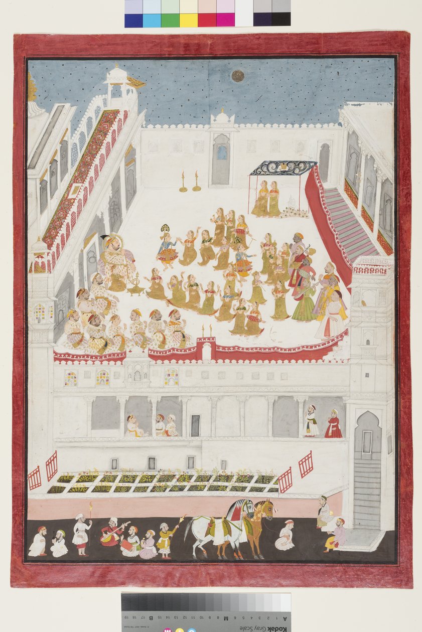 Opowieść o Krysznie przedstawiona przed Maharaną Jagatem Singhem II, 1736 (papier i złoto) autorstwa Jai Ram