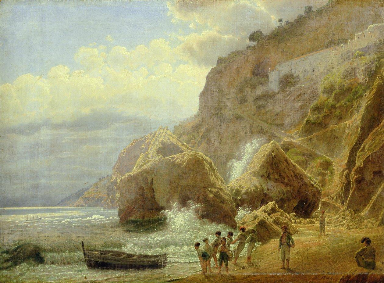 Włoski pejzaż nadmorski, 1844 (olej na papierze położony na płótnie) autorstwa Jakob Alt