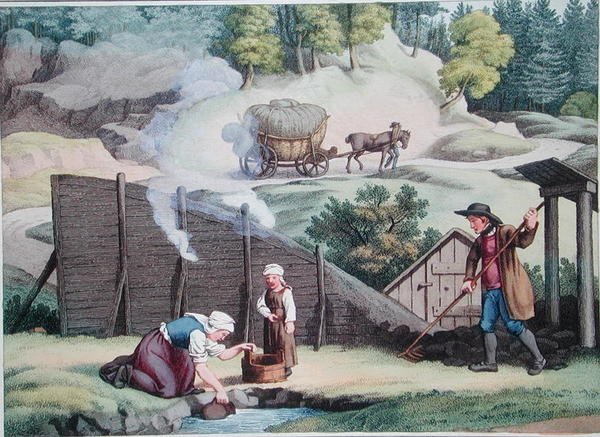 Wyrób węgla drzewnego w Austrii, ilustracja z „Voyage Pittoresque en Austria” Alexandre de Laborde, wydanej w Paryżu 1821 (rycina kolorowa) autorstwa Jakob (after) Gauermann
