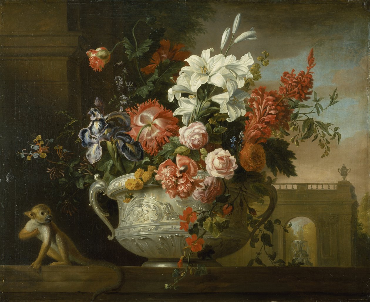 Martwa natura z kwiatami w urnie, z małpą, na półce, ok. 1699 (olej na płótnie) autorstwa Jakob Bogdani or Bogdany