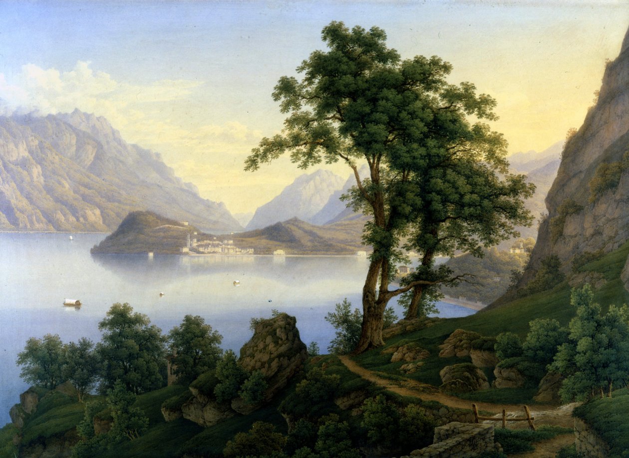 Widok Bellagio na jezioro Como. 19 wiek. Obraz Jacoba Sutera. autorstwa Jakob Suter