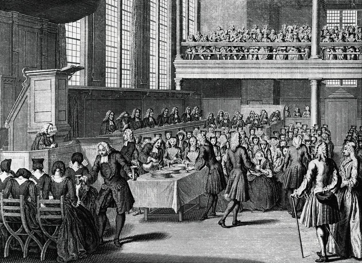 Obiad anabaptystów, rycina Jacobusa van der Schleya (1715-1779) z Ceremonii i zwyczajów religijnych wszystkich narodów świata autorstwa Jakob van der Schley