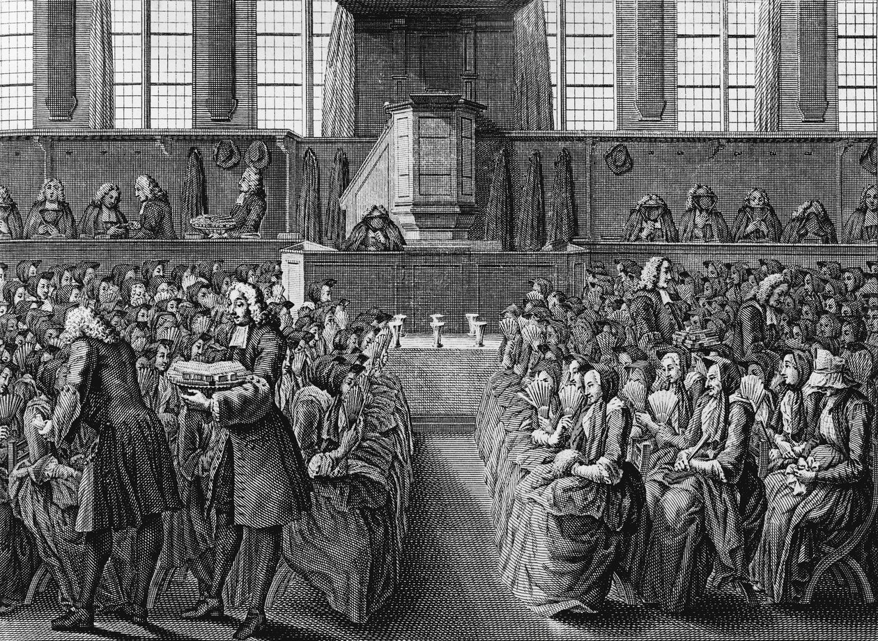 Obiad anabaptystów, rycina Jacobusa van der Schleya (1715-1779) z Ceremonii i zwyczajów religijnych wszystkich narodów świata autorstwa Jakob van der Schley