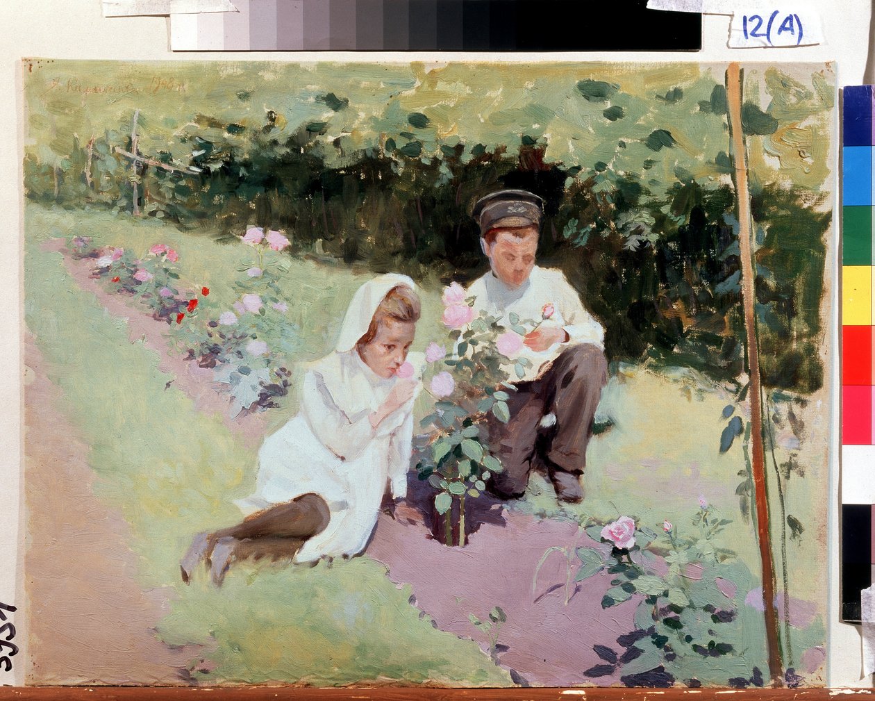 ""Au Rosier"" Dwoje dzieci w ogrodzie różanym. Malarstwo Jakova Kaliniczenki (1869-1938) 1908 Państwowe Regionalne Muzeum Sztuki im. I. Pozhalostina, Riasan autorstwa Jakoff Jakovlevitch Kalinitchenko