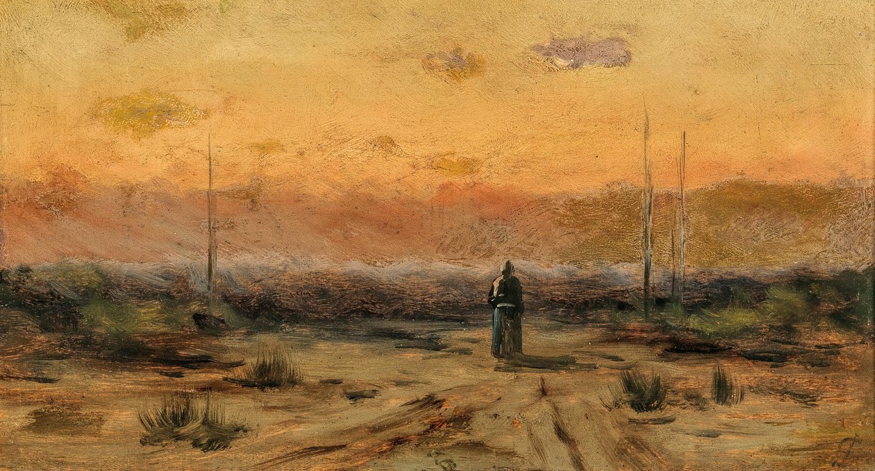 Kobieta nad brzegiem morza o wschodzie słońca. autorstwa Jakub Schikaneder