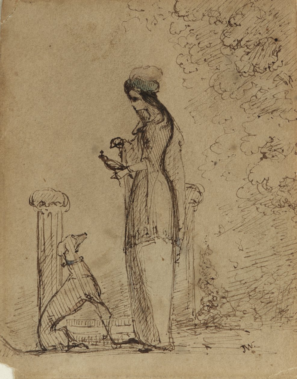 Kobieta z psem i ptakiem, ok. 1850-1851 (pióro i atrament na jasnobrązowym papierze) autorstwa James Abbott McNeill Whistler