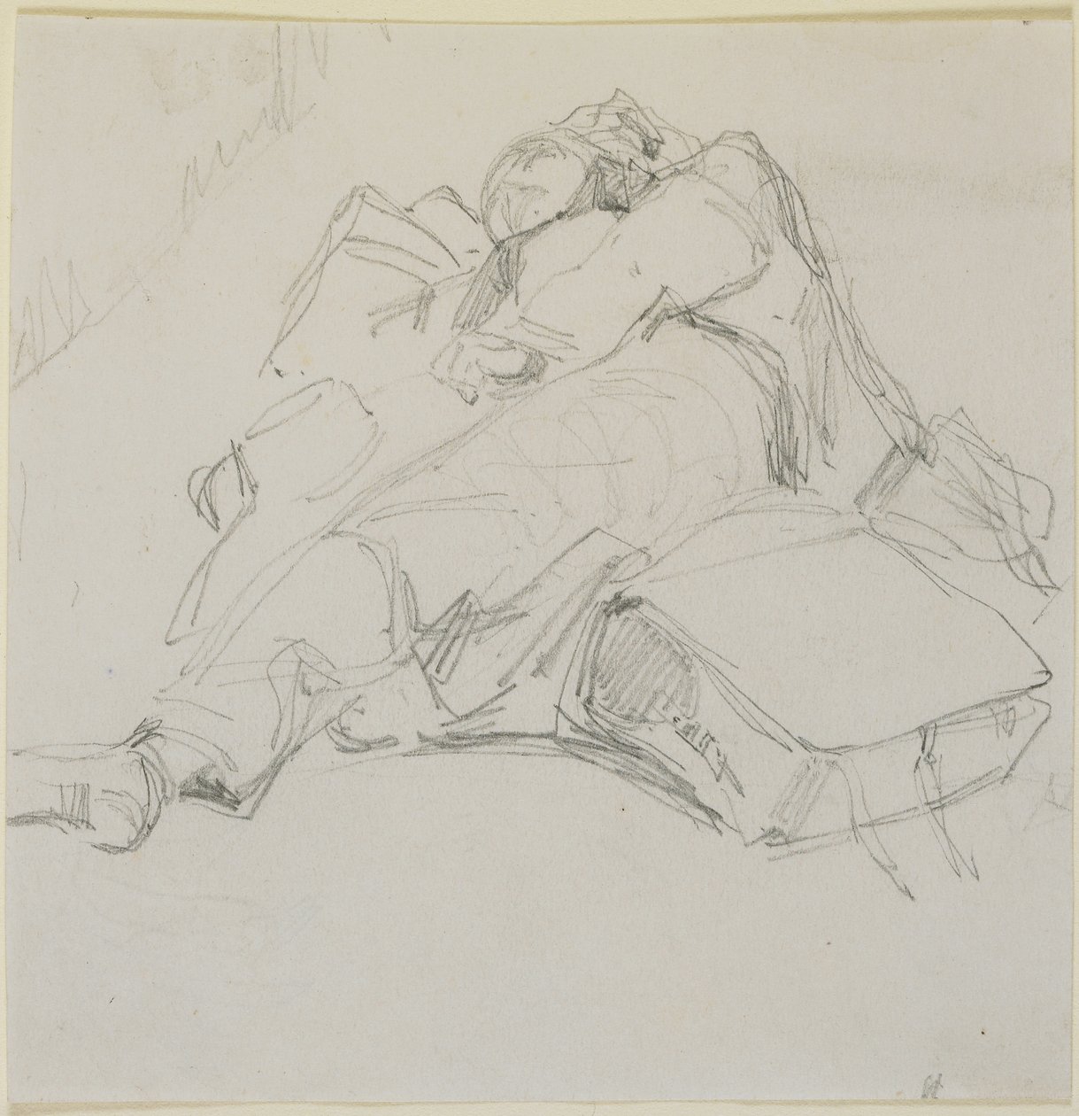 Mężczyzna śpiący na stosie bagaży, 1858 (ołówek na złamanej bieli papierze) autorstwa James Abbott McNeill Whistler