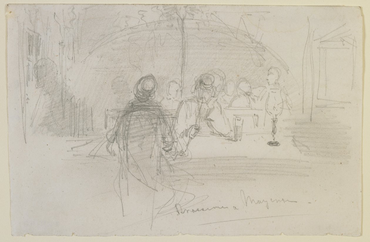 Brasserie in Mayence, 1858 (ołówek na złamanym papierze) autorstwa James Abbott McNeill Whistler