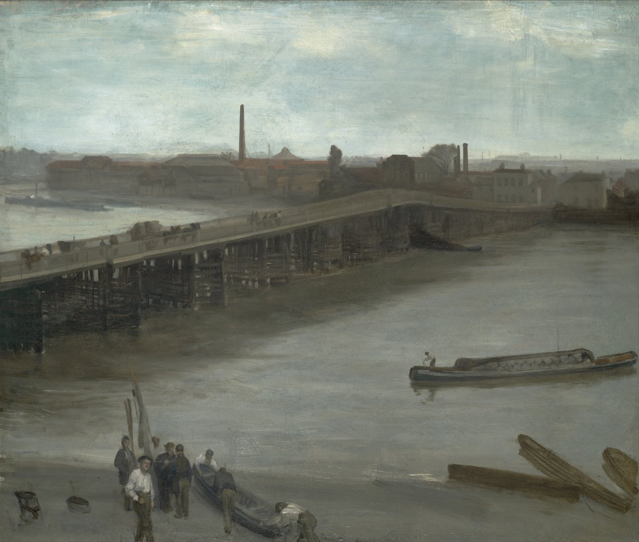 Brąz i srebro: Old Battersea Bridge, 1859-1863 (olej na płótnie, montaż na płycie masonitowej) autorstwa James Abbott McNeill Whistler