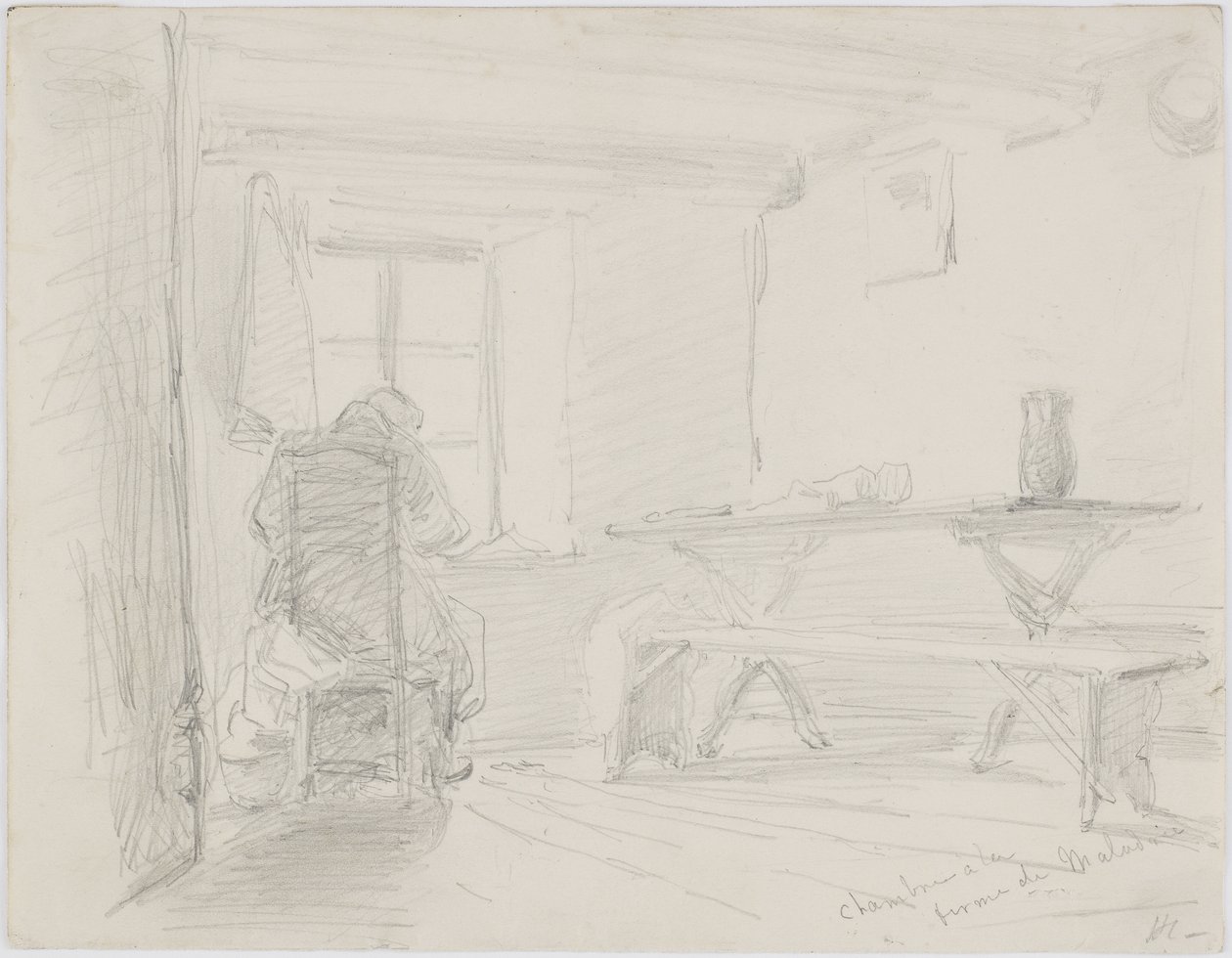 Chambre la Ferme de Maladrie, ok. 1861 (ołówek na białym papierze); autorstwa James Abbott McNeill Whistler