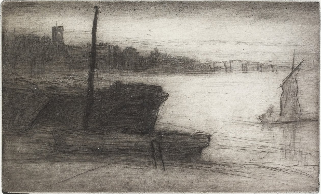 Chelsea Bridge and Church z szesnastu rycin przedstawiających sceny nad Tamizą i inne tematy, 1870-1871 autorstwa James Abbott McNeill Whistler