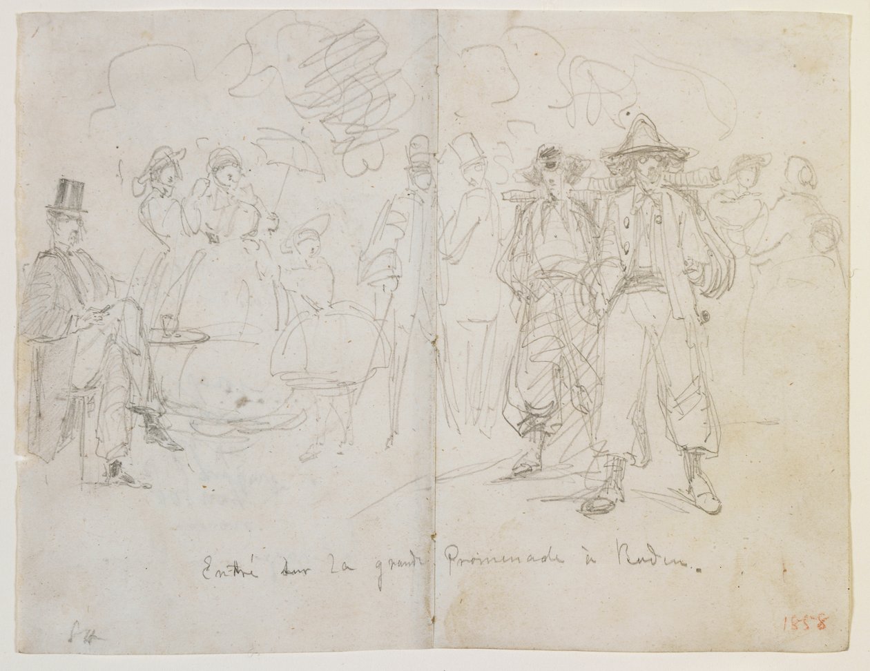 Wejście do Grande Promenade w Baden, 1858 (ołówek na złamanej bieli papierze) autorstwa James Abbott McNeill Whistler