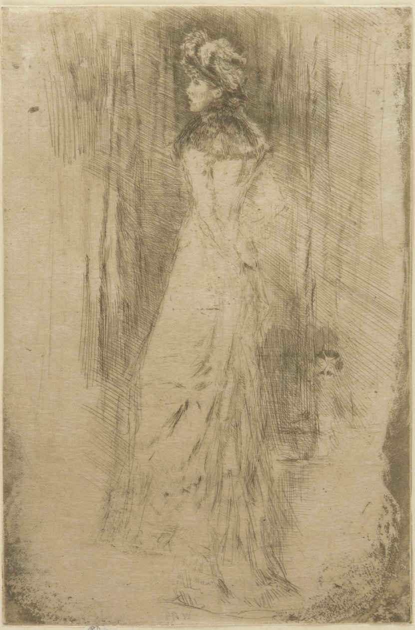 Maude, stojąca, ok. 1873 (sucha igła na papierze) autorstwa James Abbott McNeill Whistler