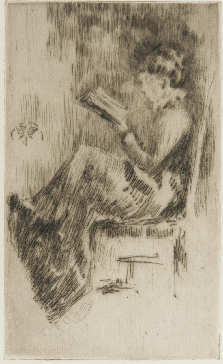 Czytanie książki (być może Lizzie Dawson) ok. 1873 (suchy punkt na papierze) autorstwa James Abbott McNeill Whistler