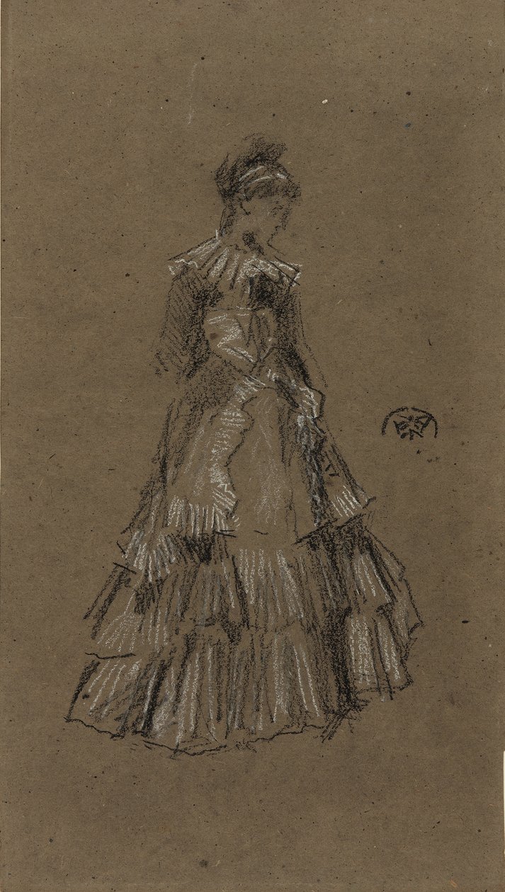Stojąca kobieta w sukience z falbaną, ok. 1873-75 (czarna i biała kreda na brązowym papierze) autorstwa James Abbott McNeill Whistler
