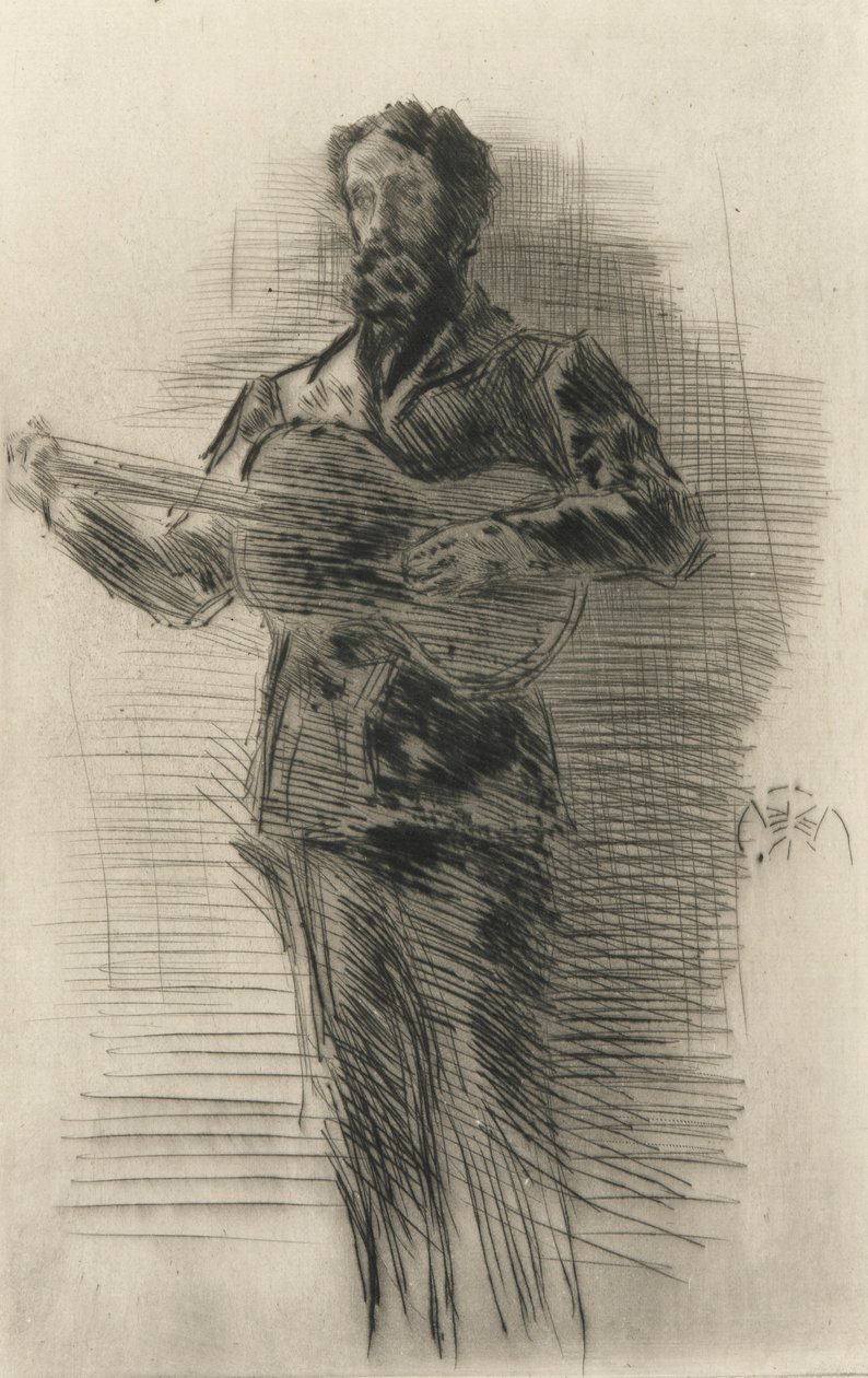 Gitarzysta, 1875 (sucha igła na papierze) autorstwa James Abbott McNeill Whistler
