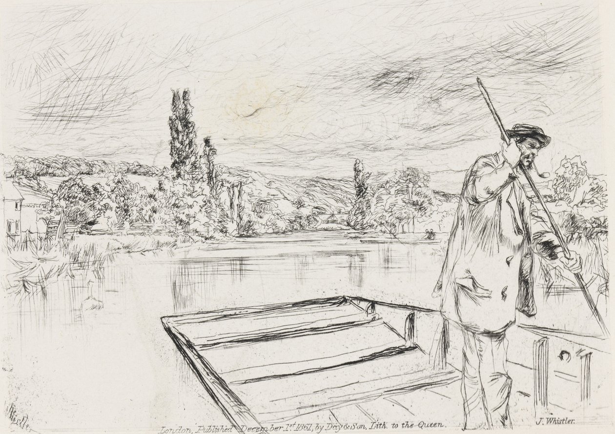 Punt, 1861 (akwaforta, suchy punkt, czarny tusz węglowy, chine collé na papierze woalowym) autorstwa James Abbott McNeill Whistler