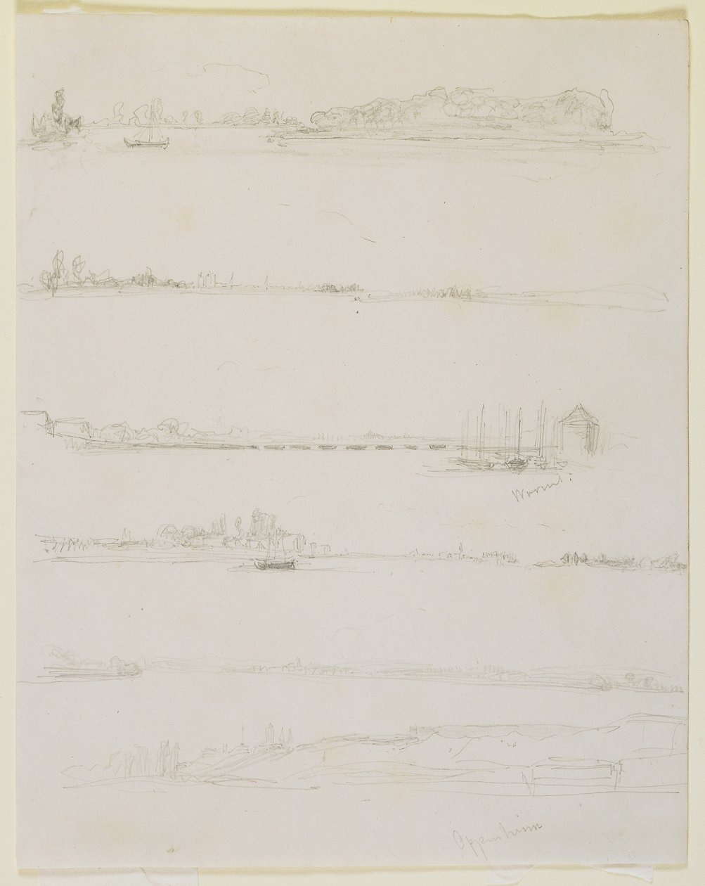 Ren, niedaleko Worms i Oppeheim, 1858 (ołówek na papierze tkanym w kolorze złamanej bieli) autorstwa James Abbott McNeill Whistler