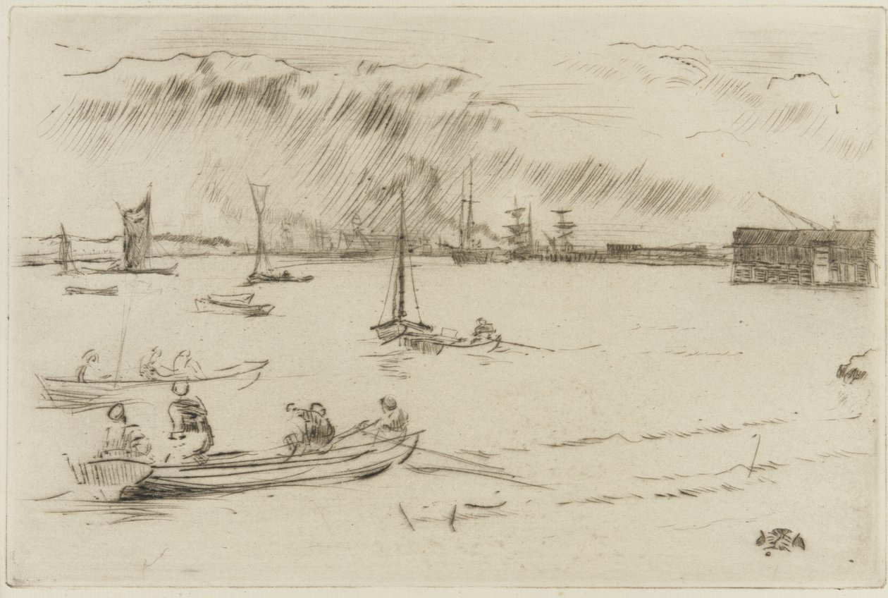 Tamiza w kierunku Erith, ok. 1877 (sucha igła na papierze) autorstwa James Abbott McNeill Whistler