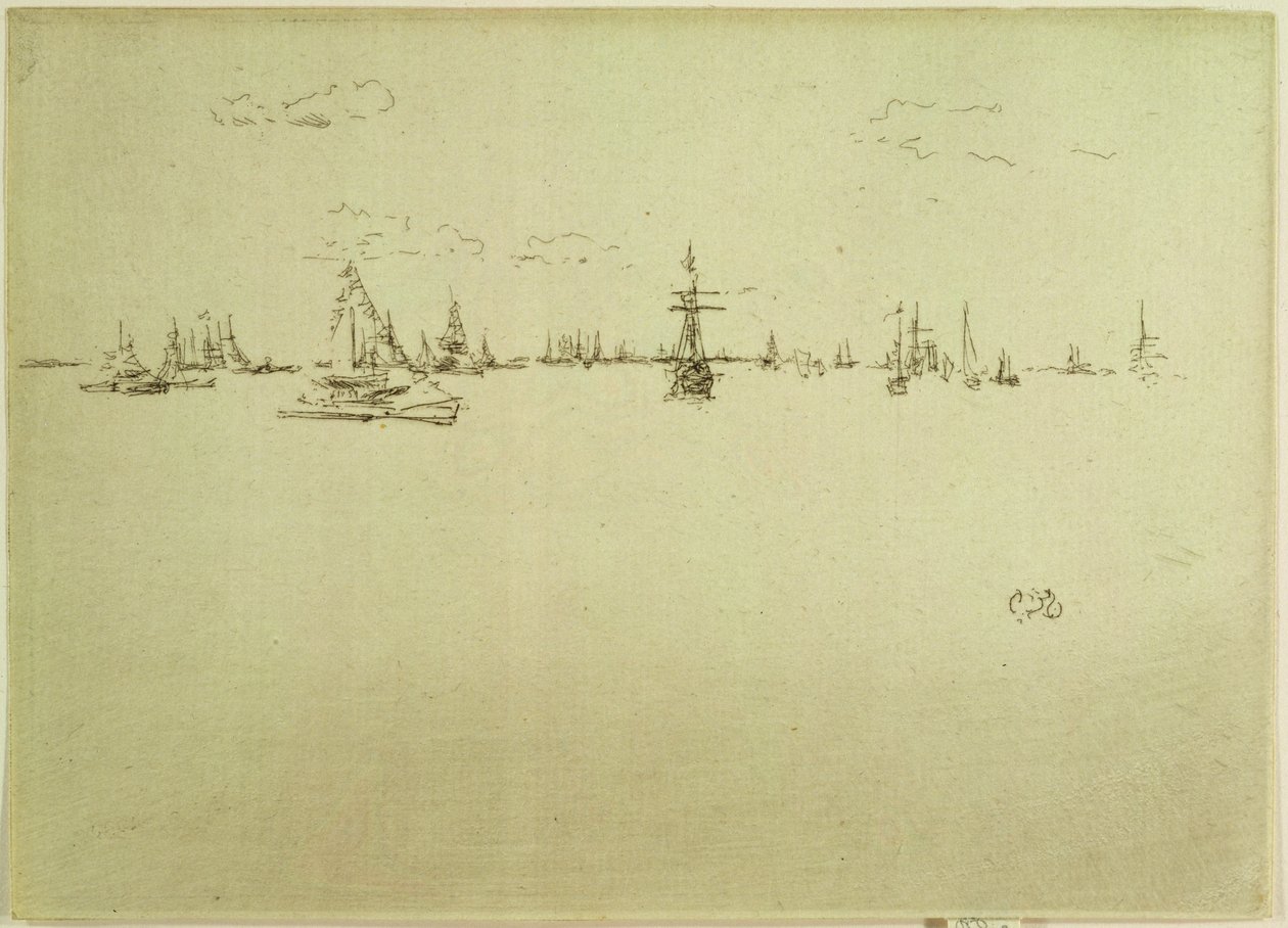 Statek z wieżyczką, z zestawu dwunastu rycin zatytułowanych „Przegląd marynarki wojennej”, 1887 autorstwa James Abbott McNeill Whistler