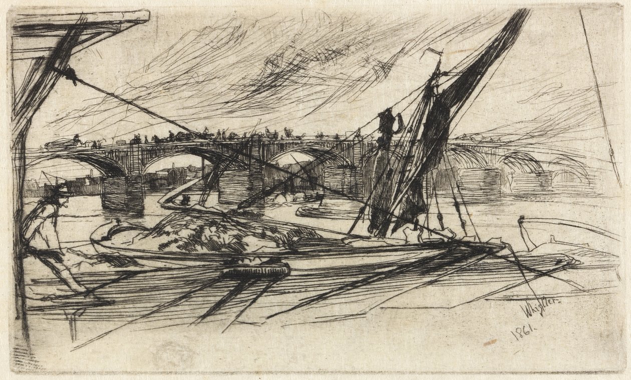 Most Vauxhall, 1861 (akwaforta, czarny tusz węglowy na papierze japońskim) autorstwa James Abbott McNeill Whistler
