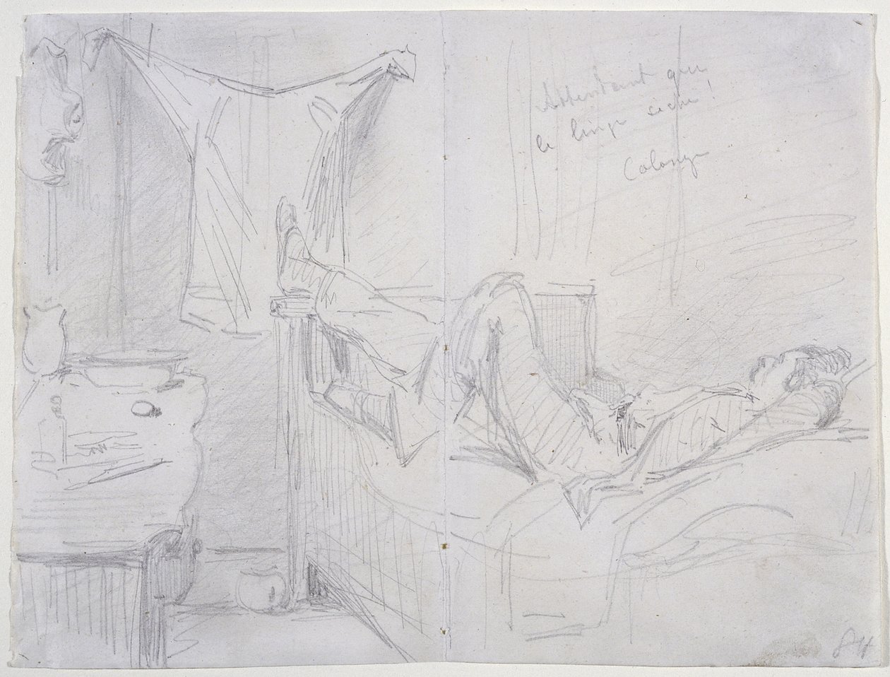 Oczekiwanie na wyschnięcie ubrań, Kolonia, 1858 (ołówek na białym papierze) autorstwa James Abbott McNeill Whistler