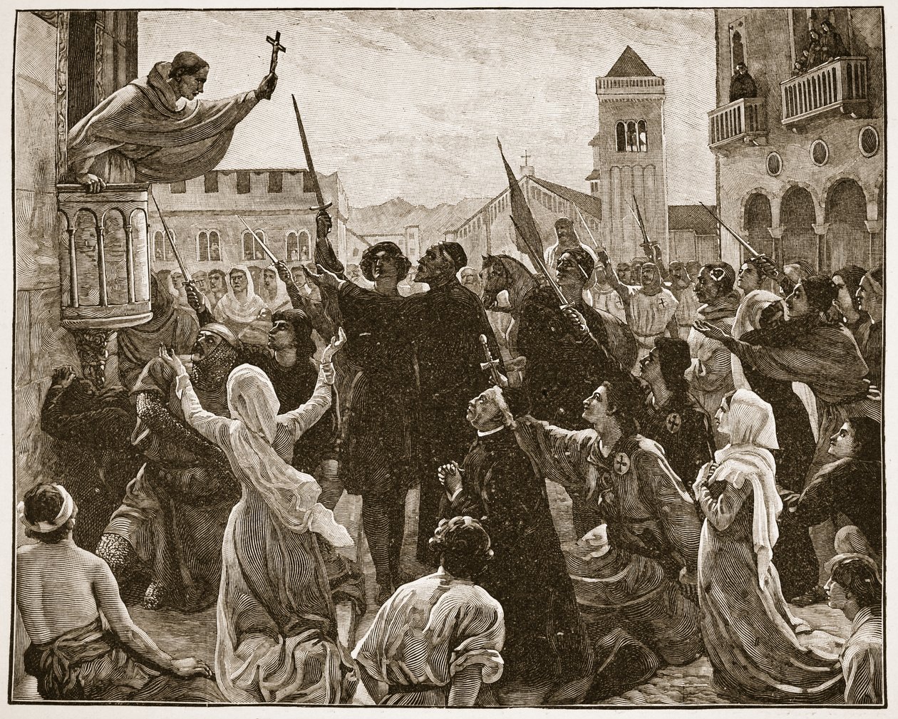 Św. Bernard głoszący drugą krucjatę, ilustracja z „Kościoła anglikańskiego: historia dla ludu” autorstwa H.D.M. Spence-Jones, wyd. ok. 1910 (zdjęcie w sepii) autorstwa James Archer