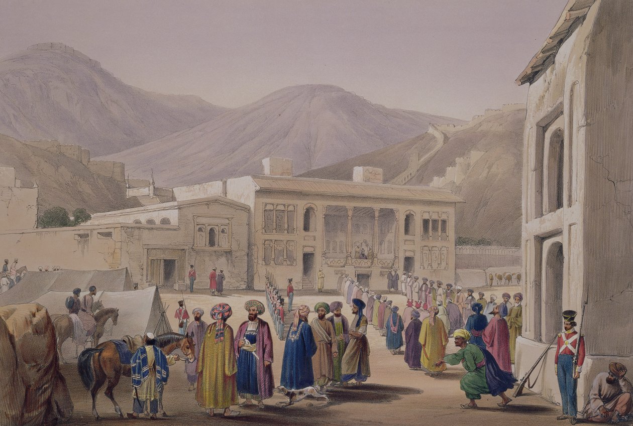 Durbar-Khaneh z Shah Shoojah-Ool-Moolk, w Caubul, ze „Szkiców w Afganistanie”, grawerowane przez Charlesa Haghe (1810-88) i Louisa Haghe (1806-85) opublikowane przez Henry