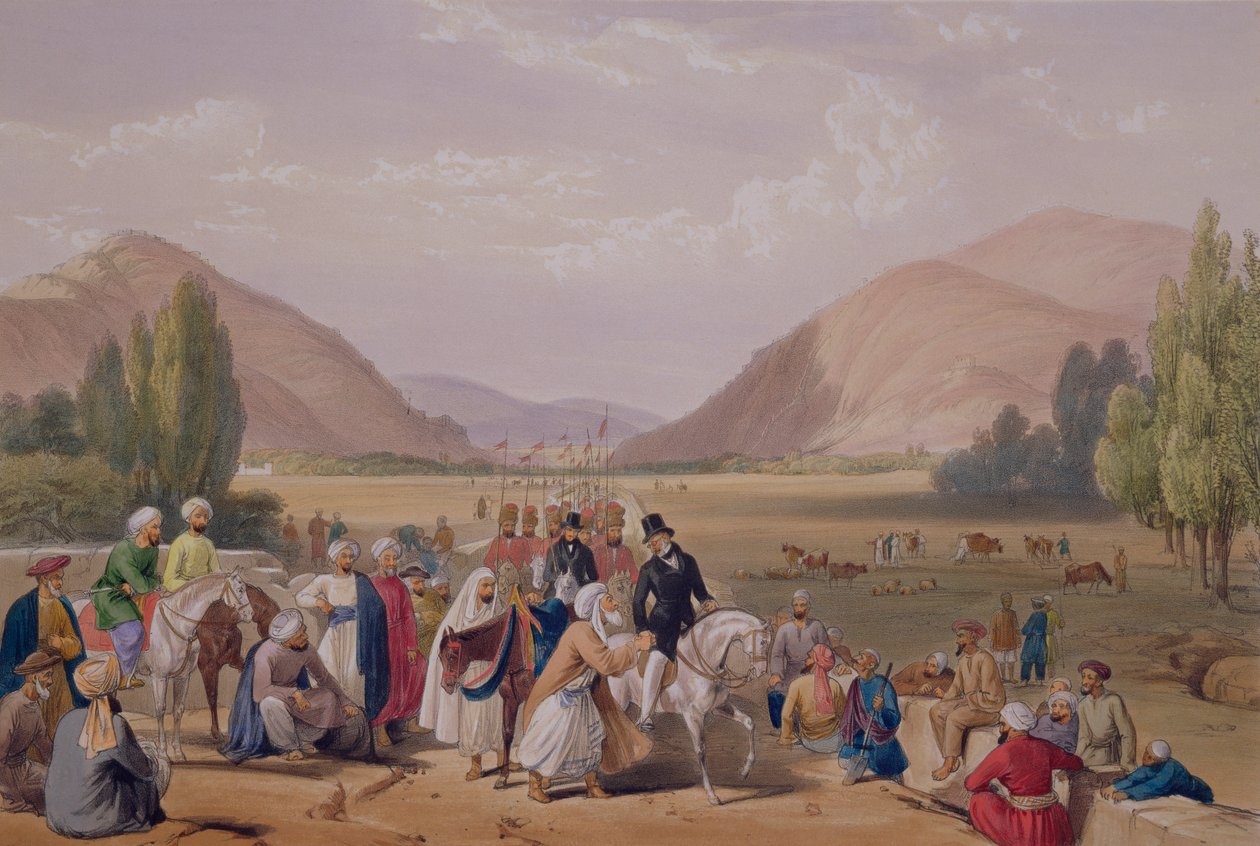 Wejście do Kaubulu z Killa-Kazee, ze „Szkiców w Afganistanie”, rytowane przez Charlesa Haghe (1810-88) i Louisa Haghe (1806-85) wydane przez Henry
