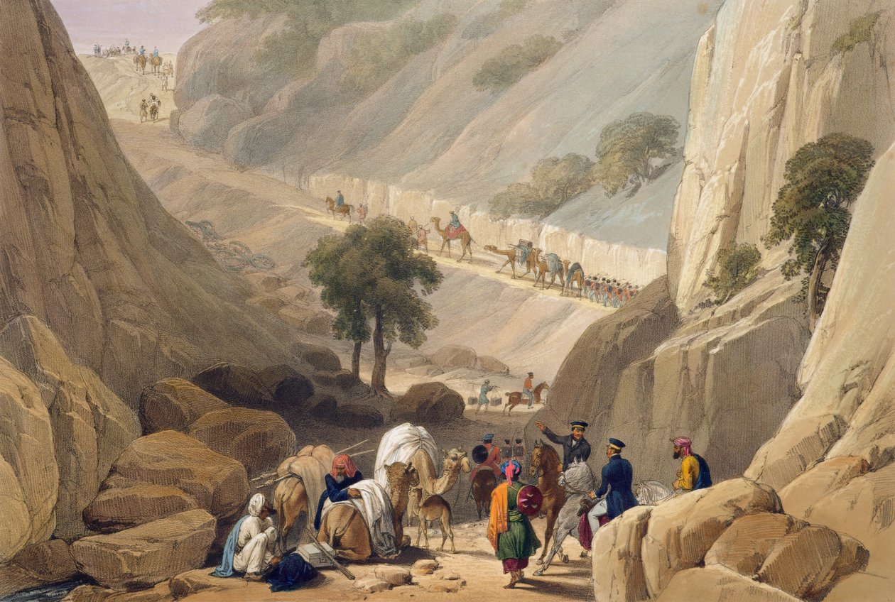 Oddziały wyłaniające się z wąskiej części skalania w przełęczy Koojah, ze „Szkiców w Afganistanie”, rytowanych przez Charlesa Haghe (1810-88) i Louisa Haghe (1806-85), wydane przez Henry