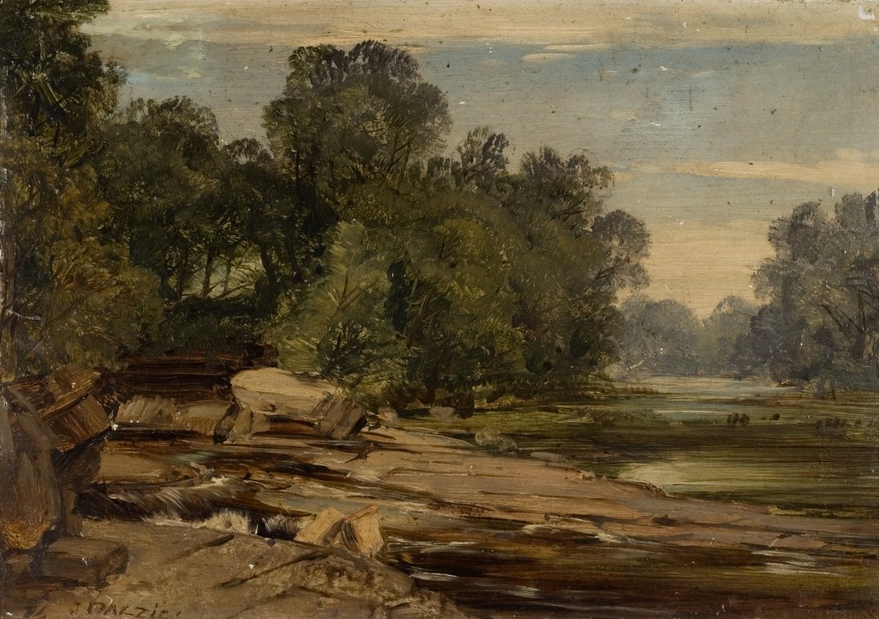 Scena rzeczna ze skałami i drzewami autorstwa James B. Dalziel