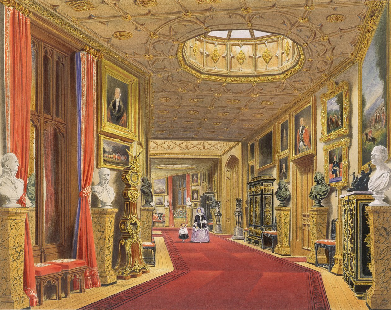 Kąt wschodniego korytarza, zamek Windsor, z filmu „Windsor i otaczające go krajobrazy”, 1838 (chromolitho) autorstwa James Baker Pyne