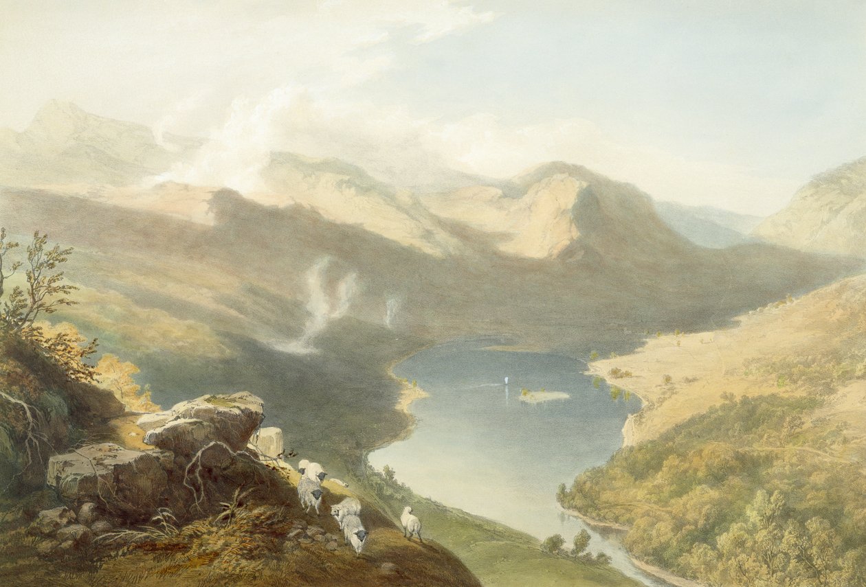 Grasmere z Langdale Fell, z „The English Lake District”, 1853 (szczegóły w 90422) autorstwa James Baker Pyne