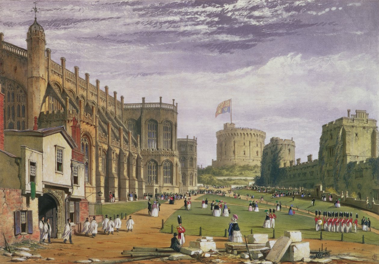Dolny Dziedziniec z widokiem na Kaplicę Św. Jerzego i Okrągłą Wieżę, Zamek Windsor, 1838 autorstwa James Baker Pyne