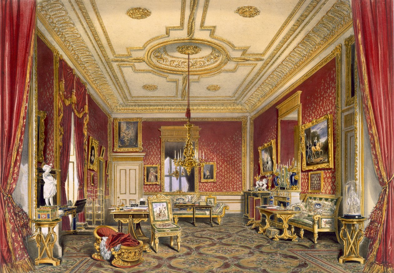 Prywatny salon królowej, zamek Windsor, 1838 (chromolitho) autorstwa James Baker Pyne