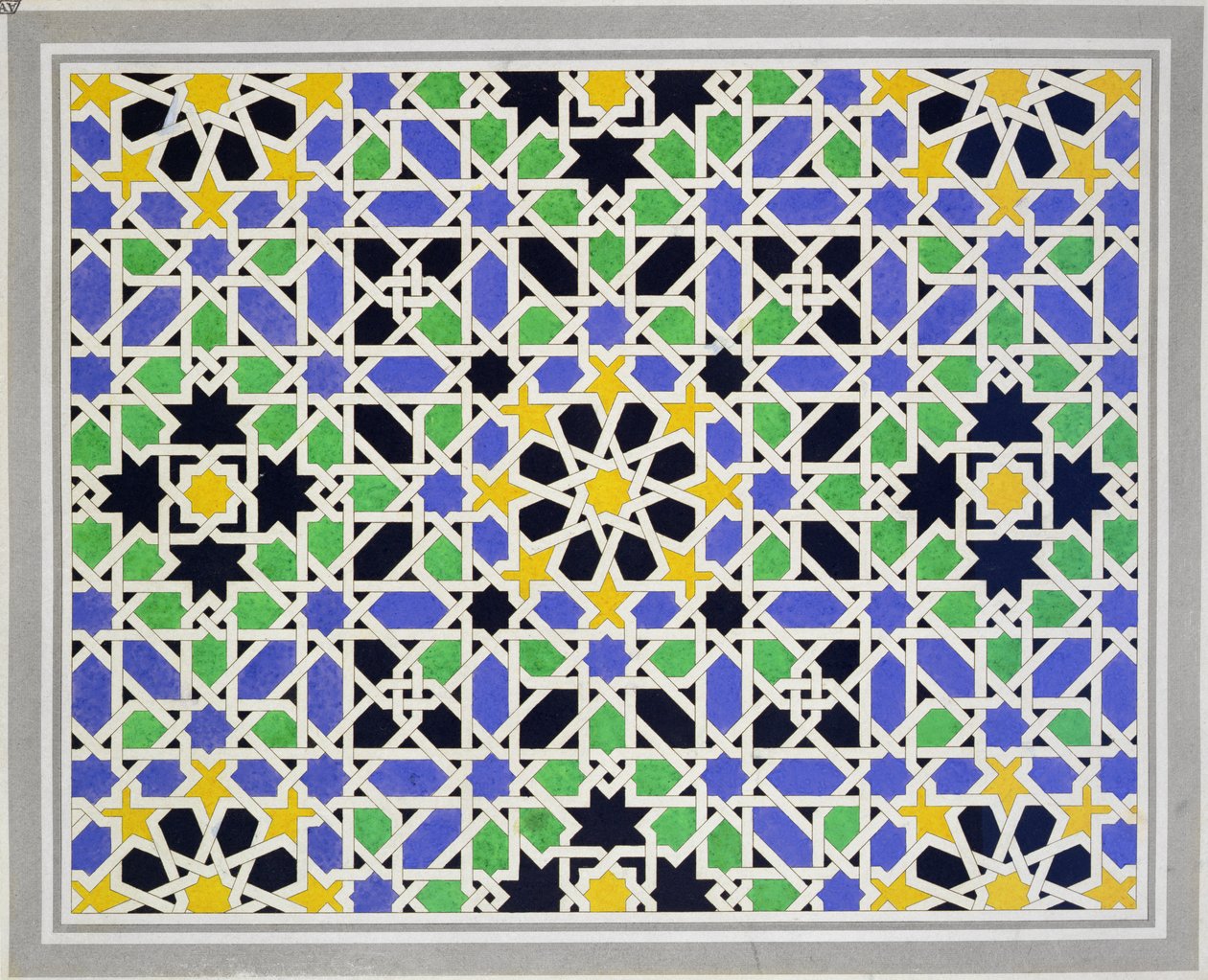 Mozaika w dado drzwi w sali Dwóch Sióstr, Alhambra, z "The Arabian Antiquities of Spain", opublikowana w 1815 r. autorstwa James Cavanagh Murphy