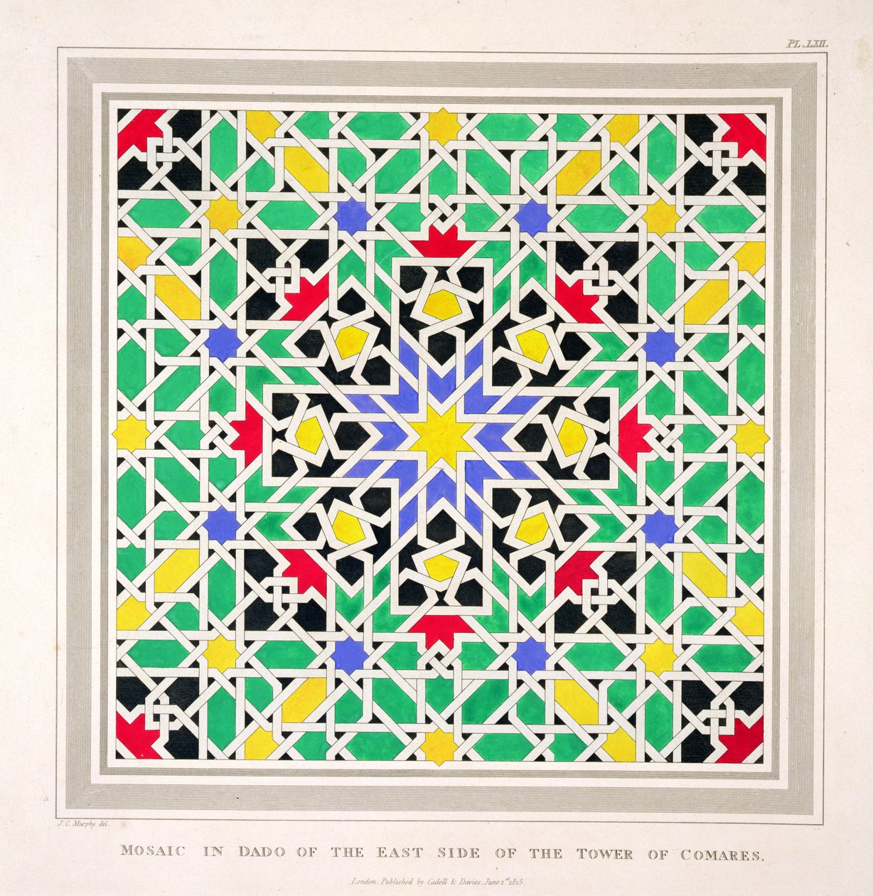 Mozaika w dado po wschodniej stronie Wieży Comares, Alhambra, z „Arabskich Starożytności Hiszpanii”, opublikowana w 1815 r. autorstwa James Cavanagh Murphy