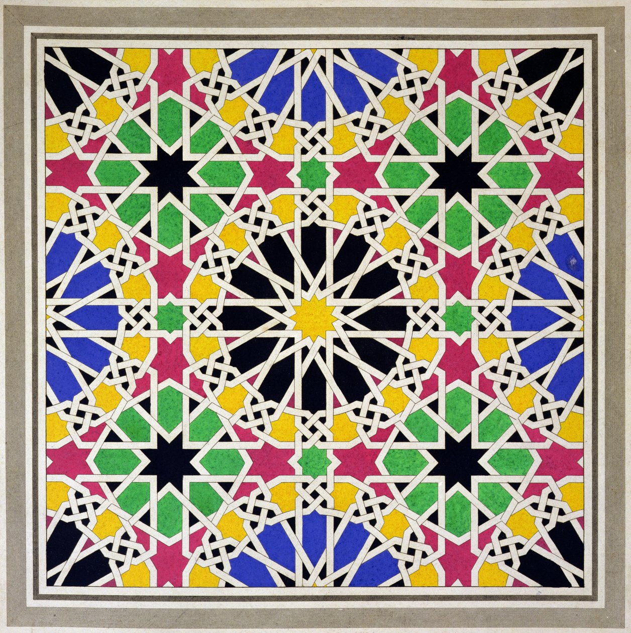 Ornament mozaikowy na południowej stronie Dziedzińca Lwów, Alhambra, z "The Arabian Antiquities of Spain", opublikowane w 1815 r. autorstwa James Cavanagh Murphy