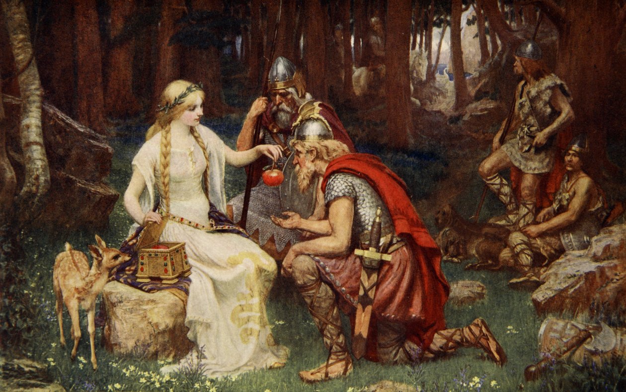 Idun i jabłka, ilustracja z „Mity i legendy krzyżackie” Donalda A. Makenzie, 1890 autorstwa James Doyle Penrose