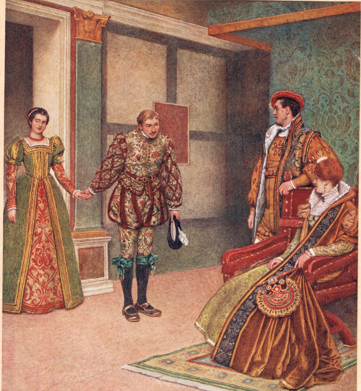 „Widziałeś panią, ujrzałem służącą”, ilustracja z „Kupca weneckiego”, ok. 1910 autorstwa James Dromgole Linton