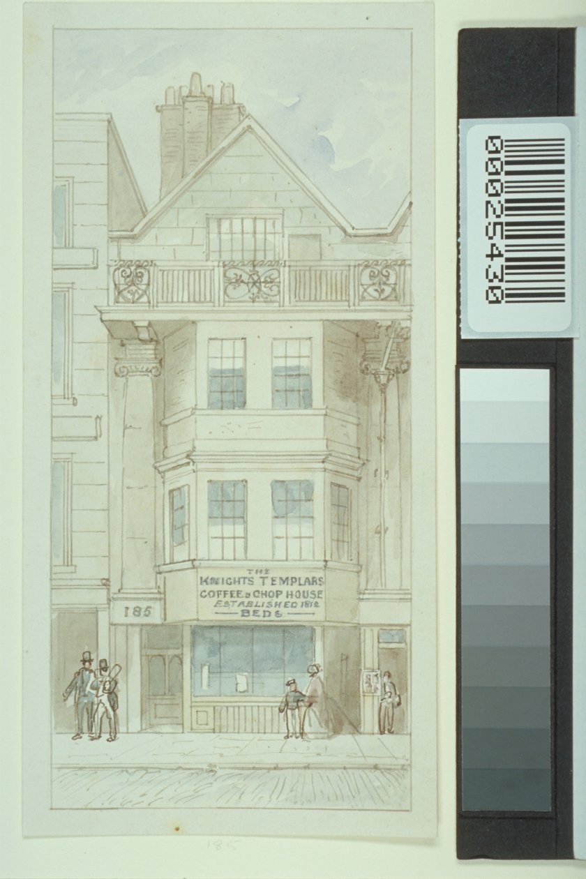 Widok nr. 185 Fleet Street, z postaciami przechodzącymi obok Knights Templars Coffee and Chop House, ok. 1820 autorstwa James Findlay
