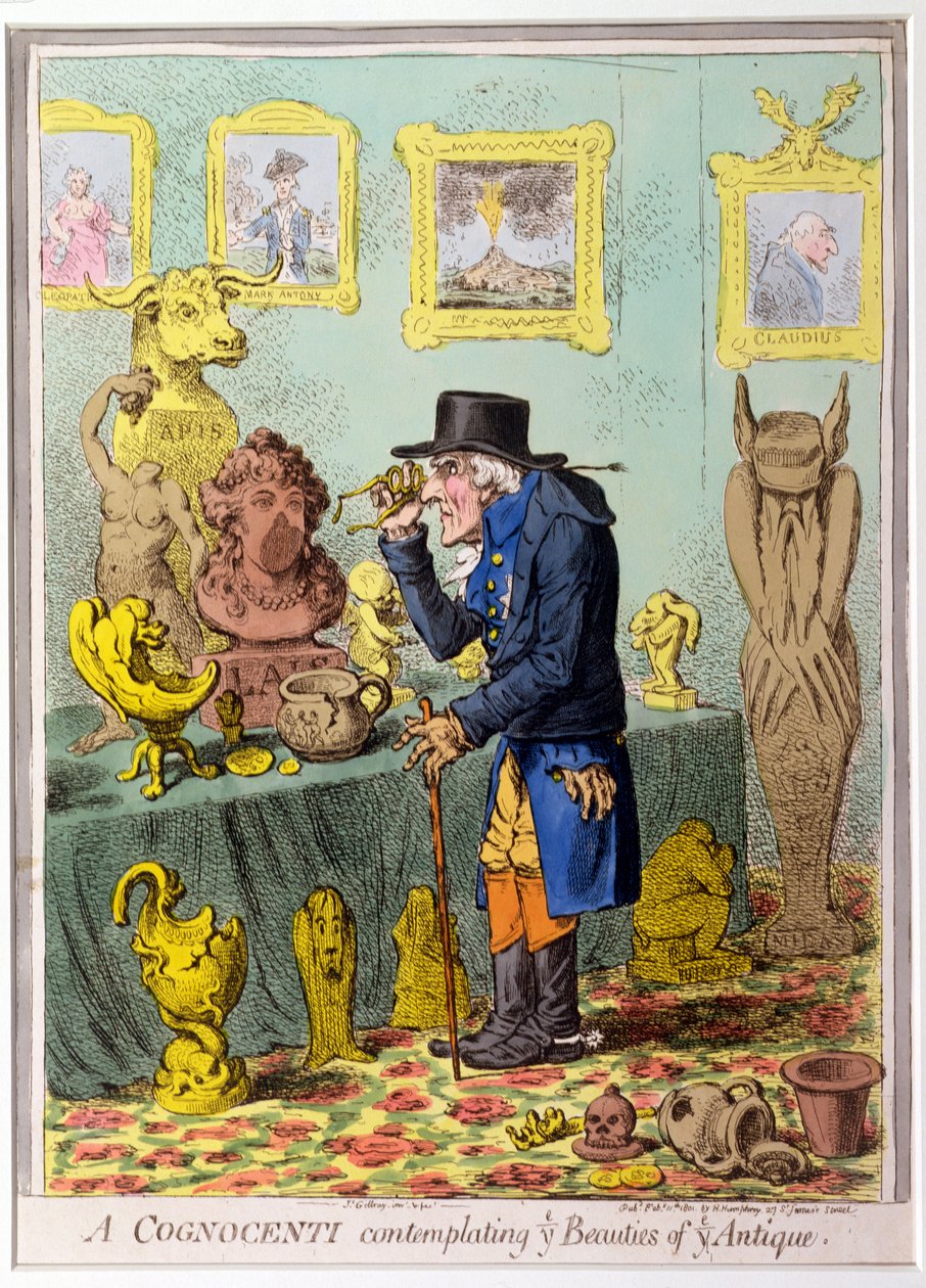 A Cognocenti Contemplating Ye Beauties of Ye Antique, wydana przez Hannah Humphrey w 1801 r. (akwaforta ręcznie kolorowana) autorstwa James Gillray