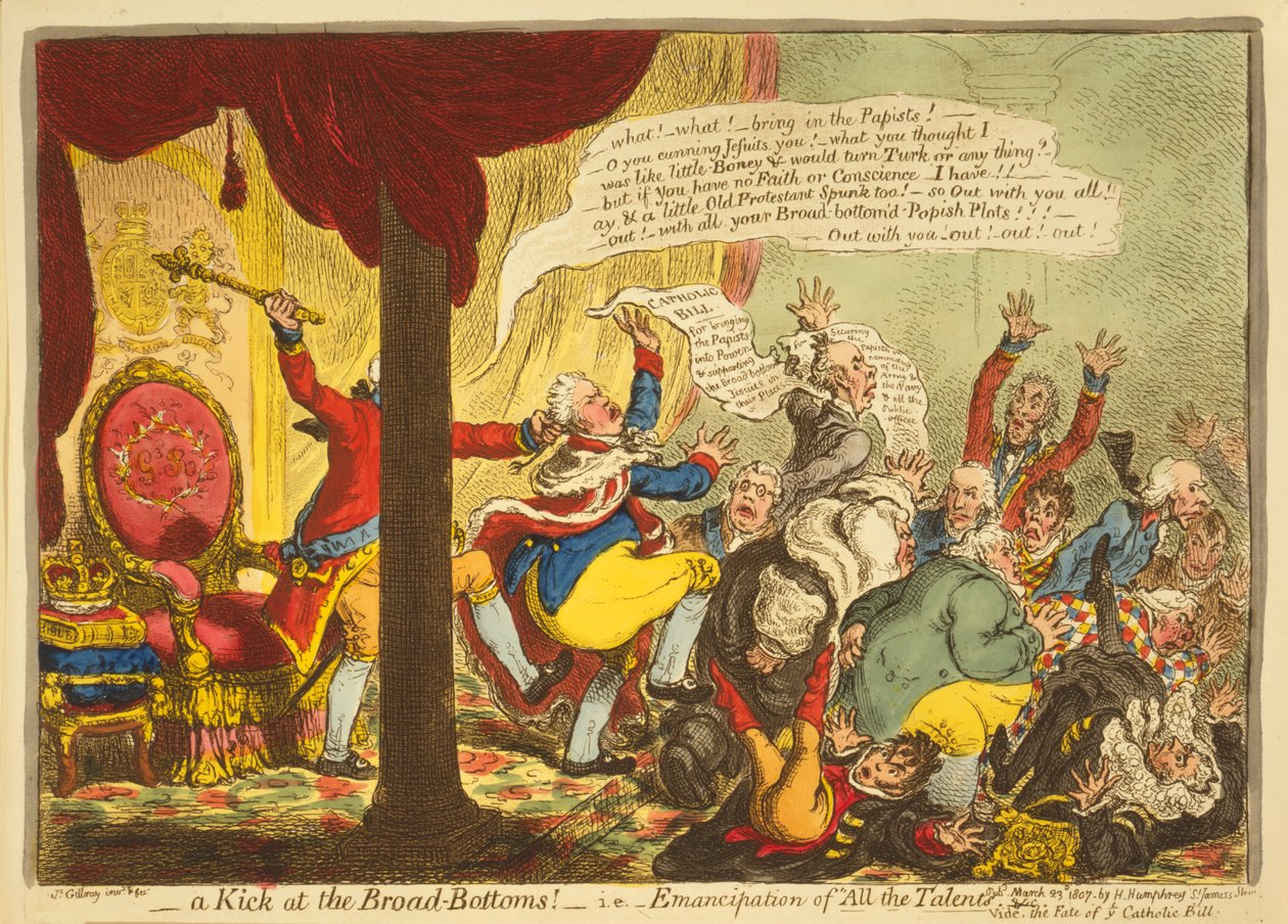 A Kick at the Broad Bottoms, czyli Emancypacja wszystkich talentów, wyd. 1807 (grawerowanie ręcznie kolorowane) autorstwa James Gillray