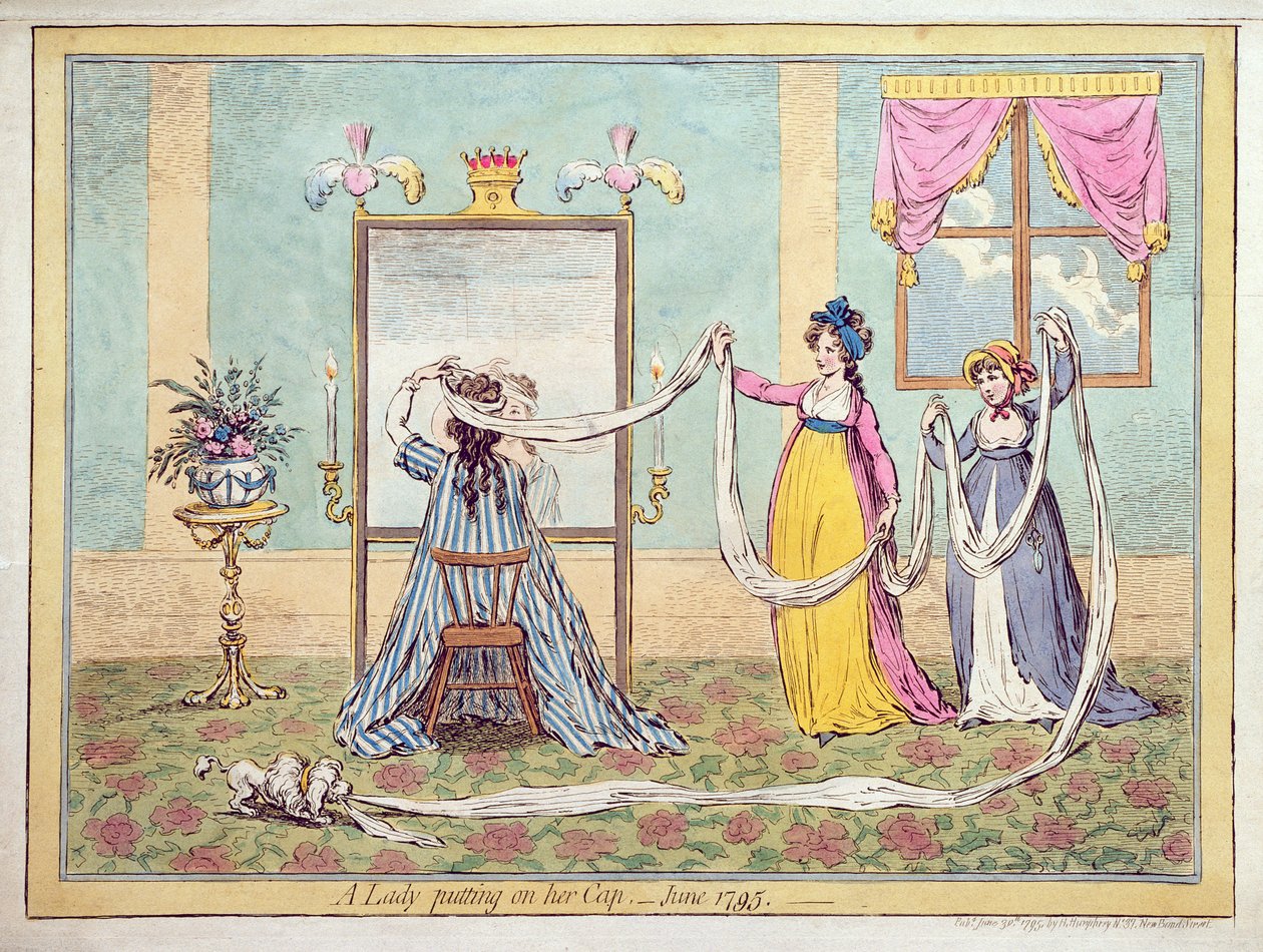Dama nakładająca czapkę, wydana w 1795 r. (akwaforta ręcznie kolorowana) autorstwa James Gillray
