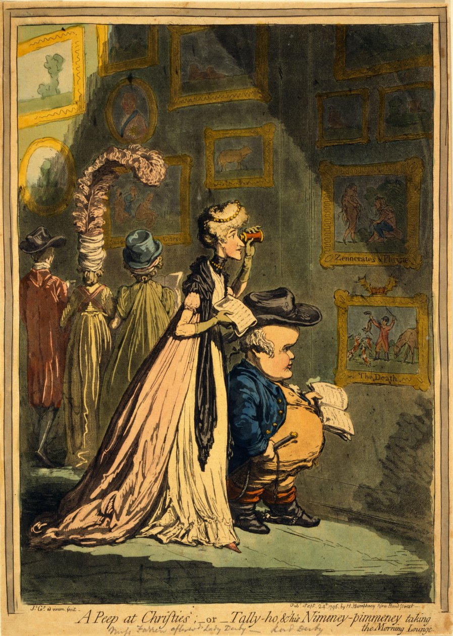 Peep at Christies lub Tally-ho i jego Nimeney-Pimmeney w pubie Morning Lounge. 1796 (grawerowanie ręcznie kolorowane) autorstwa James Gillray
