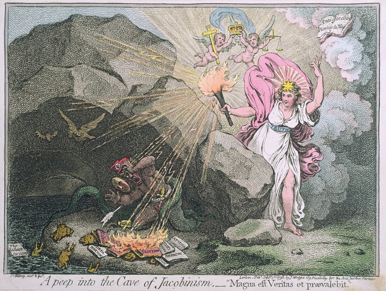 A Peep into the Cave of Jacobinism, or Magna est Veritas et praevalebit, opublikowane przez Hannah Humphrey w 1798 roku (akwaforta ręcznie kolorowana) autorstwa James Gillray