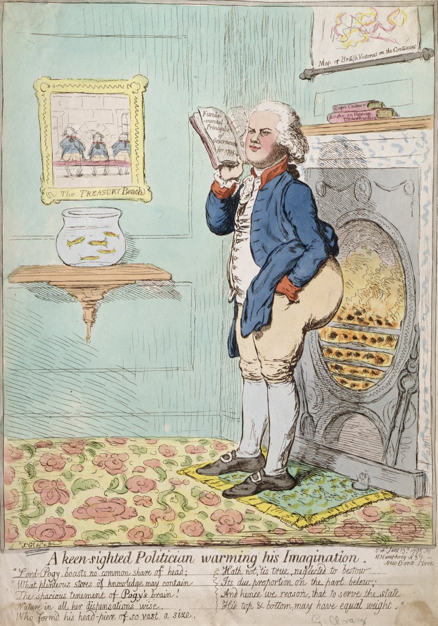 Bystro widzący polityk rozgrzewający swoją wyobraźnię, opublikowany przez Hannah Humphrey w 1795 r. (akwaforta ręcznie kolorowana) autorstwa James Gillray